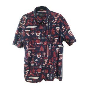 Quicksilver Waterman Shirt Hawaiian Christmas  Mens Button Front Short Sleeve L